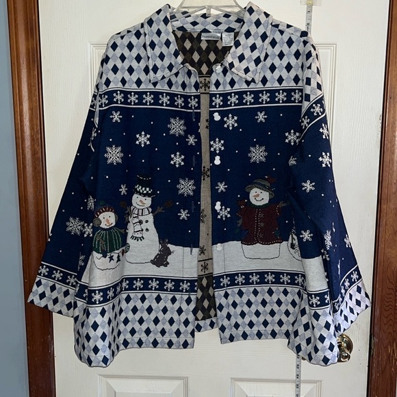 Fashion bug-22/24-blue& white button up collared tapestry snowman jacket/Shacket - Picture 1 of 12